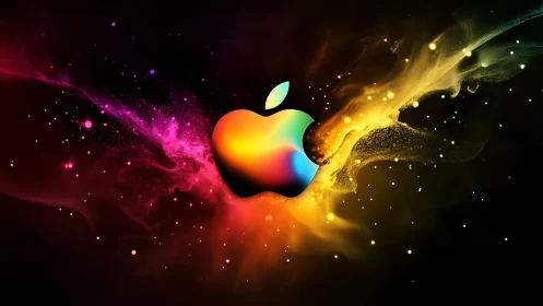 Chromatic apple emblem amid bifurcated nebular lightfield.