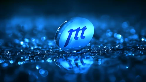 Blue droplet logo sphere with reflective water surface.