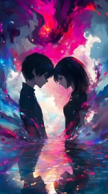 Two silhouetted figures facing in abstract neon landscape.