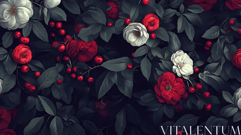 Red and White Peonies Bloom Among Dark Foliage