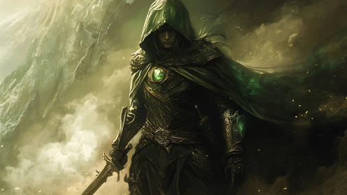 Hooded emerald ranger stands in stormlit fantasy ruins.