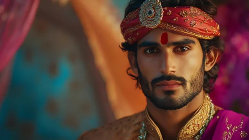 Regal groom in vibrant turban sharing a calm, kind gaze.