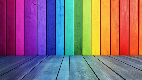Rainbow plank room glows with prismatic wooden rhythm.