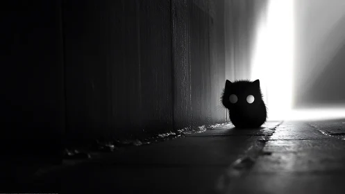 Silhouette cat figure stands in bright backlit corridor