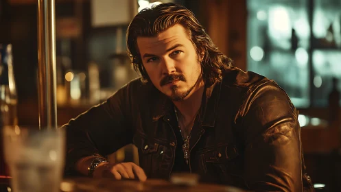Man in brown leather jacket sitting at warm lit bar.
