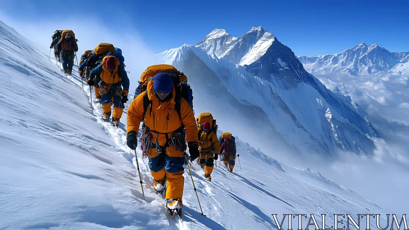 High-altitude climbers ascend icy ridge toward jagged peaks.