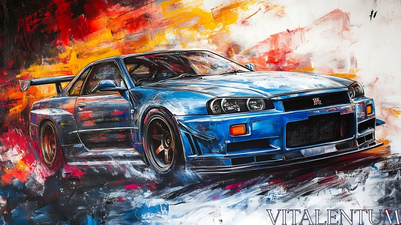 Blue Nissan GT-R R34 surges through vivid abstract color field