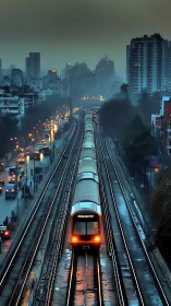 Urban commuter train on wet tracks at dusk in cityscape.