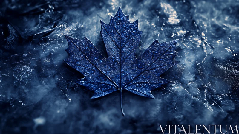Blue maple leaf resting on textured icy surface.