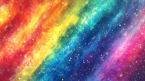 Diagonal rainbow nebula field with dispersed star-like specks.