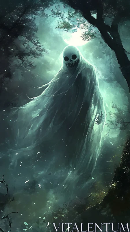 Ghostly forest wraith drifts beneath an eerie moonlit sky.