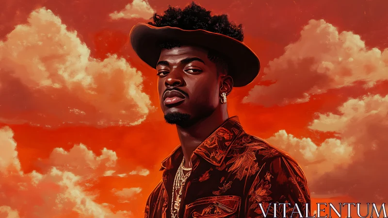 Figure in patterned shirt stands before saturated red sky