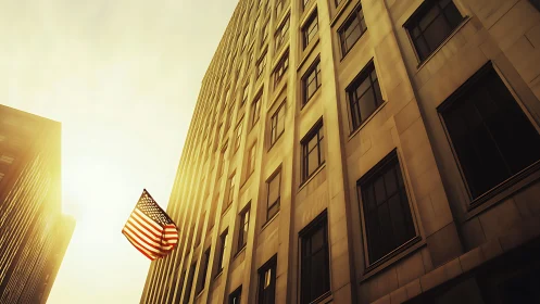 Sunlit city canyon with a lone American flag drifting proud.