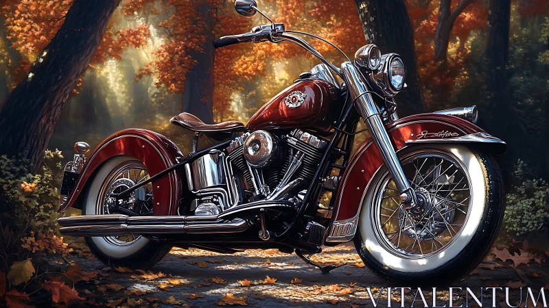 Vintage red motorcycle rests in a warm, golden autumn forest