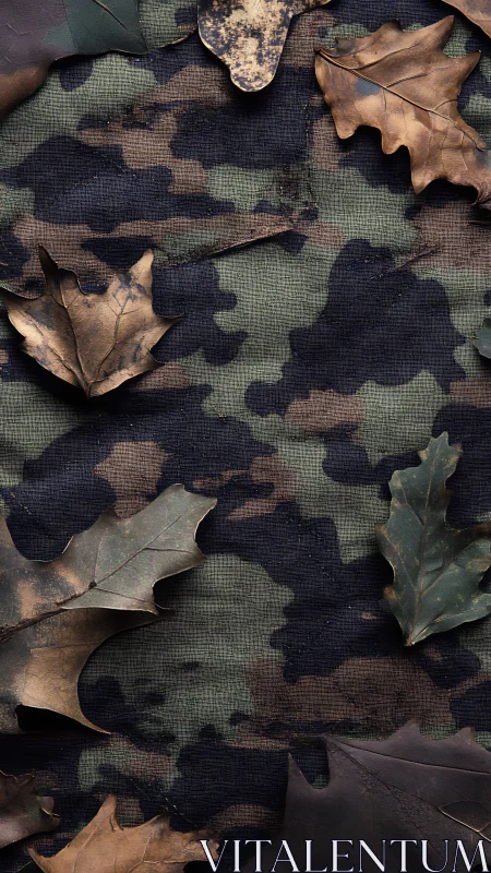Autumn oak leaves rest over worn woodland camouflage cloth.
