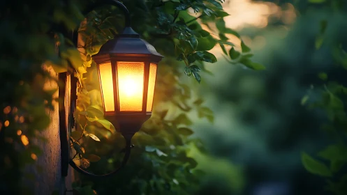 Wall-mounted outdoor lantern illuminates surrounding foliage