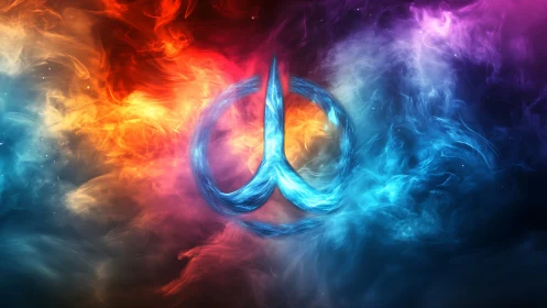 Abstract trident-like blue emblem in multicolored vapor field.