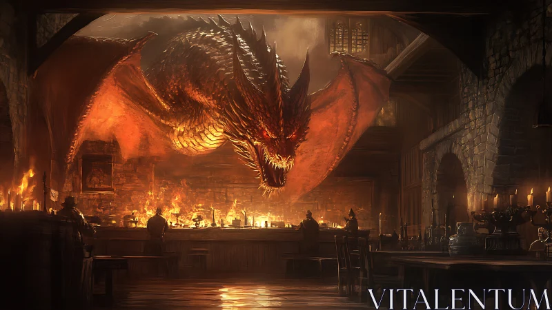 Infernal dragon erupts inside medieval stone tavern interior