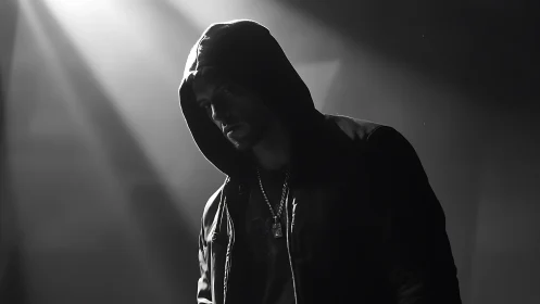 Hooded man stands in dramatic noir studio spotlight.