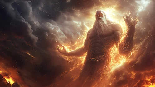 Mythic fiery giant figure in storm filled atmospheric sky.