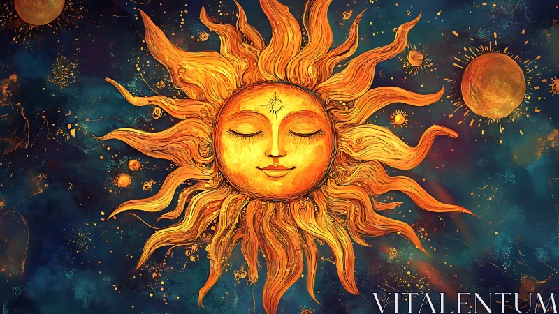 Solar face illustration with radiating stylized flares.