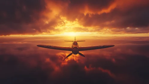 Single fighter plane flying into intense sunset sky.
