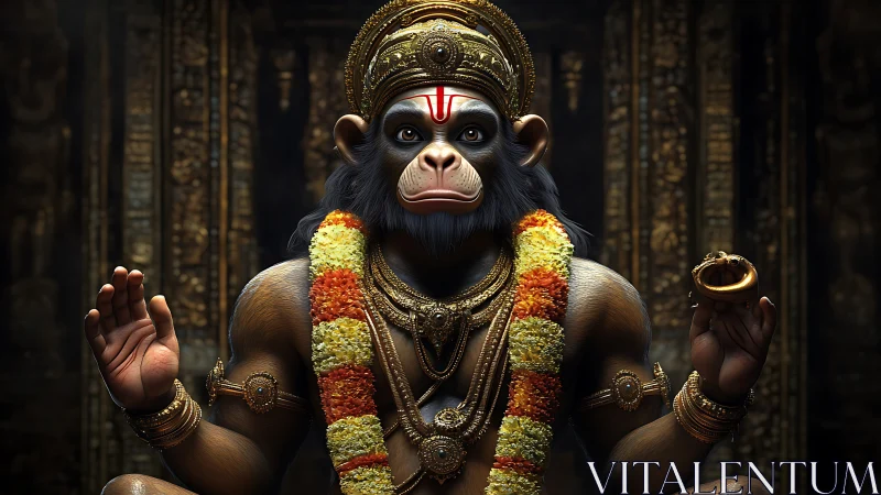 Regal simian deity glows in garlands and temple shadow.