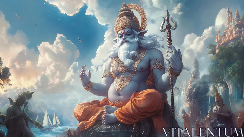 Giant seated deity overlooks riverside temples and boats calmly