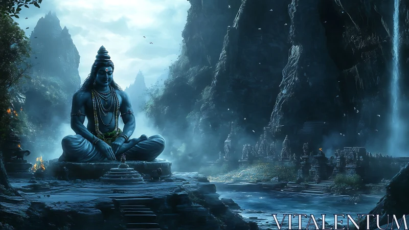 Majestic blue deity meditates within misty mountain temple.