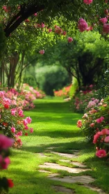 Sunlit garden corridor with stone path and dense floral borders