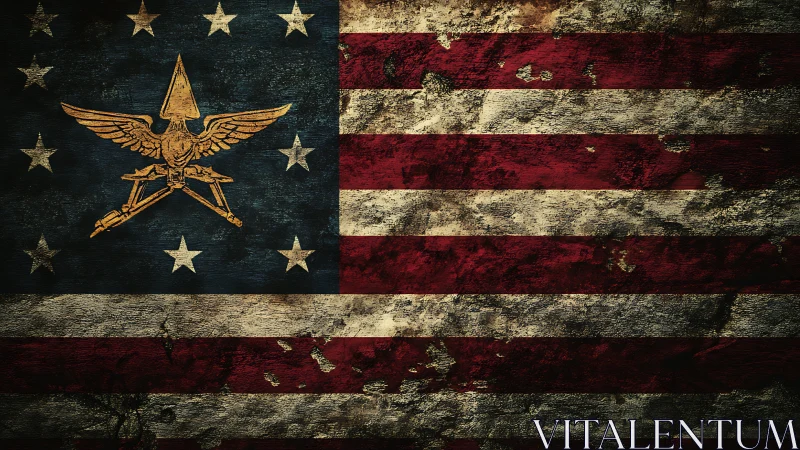 Weathered American flag with golden military crest overlay
