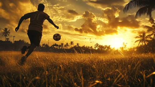 Sunset soccer joy on a glowing tropical village field.