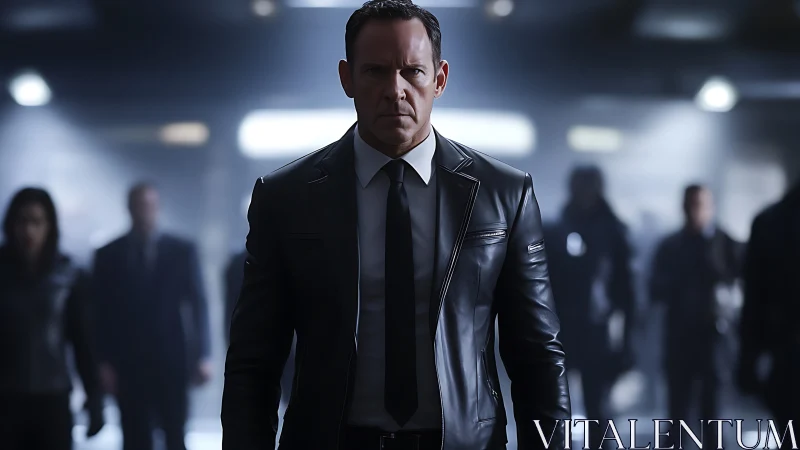 Tense security officer advances through defocused, backlit crowd