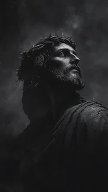 Dramatic monochrome portrait of crowned, sorrowful savior