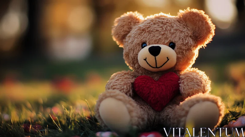 Backlit plush teddy bear holds red heart in shallow depth-of-field