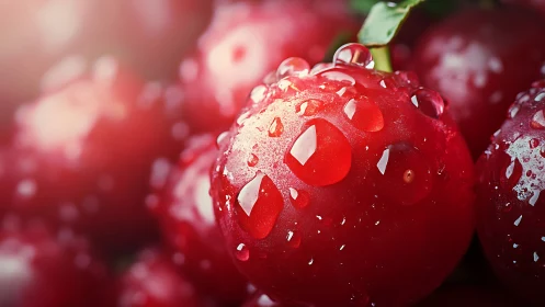 Macro red berry close-up with luminous water droplets.