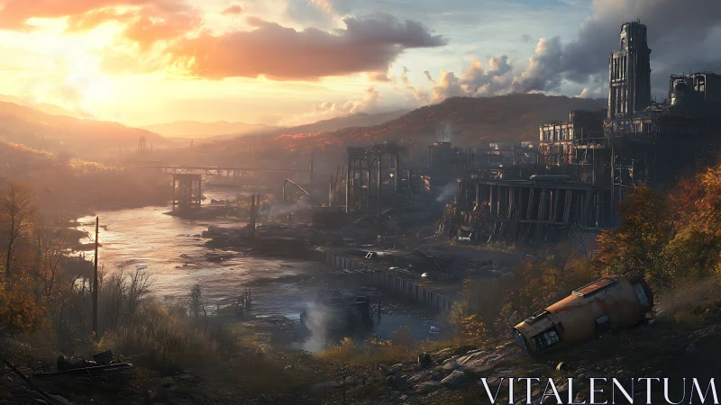 Post-apocalyptic river valley with ruined industrial complex.