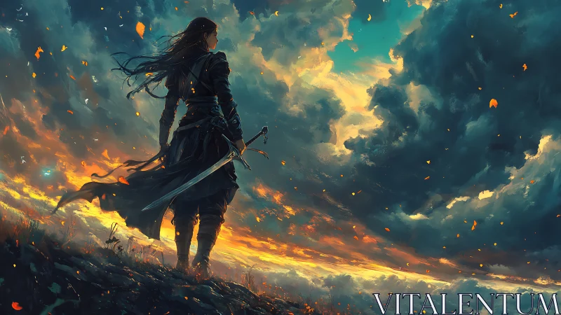 Lone warrior stands on cliff edge under stormlit sunset sky.