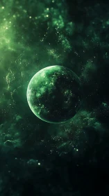 Emerald planet drifts through glowing nebulae of silent dust