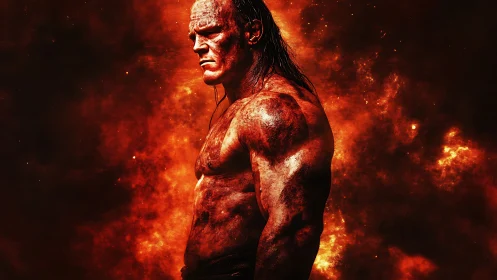 Muscular male figure stands shirtless against fiery backdrop
