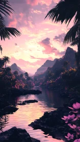 Velvet sunset river winding through neon-tinted tropical wilds.