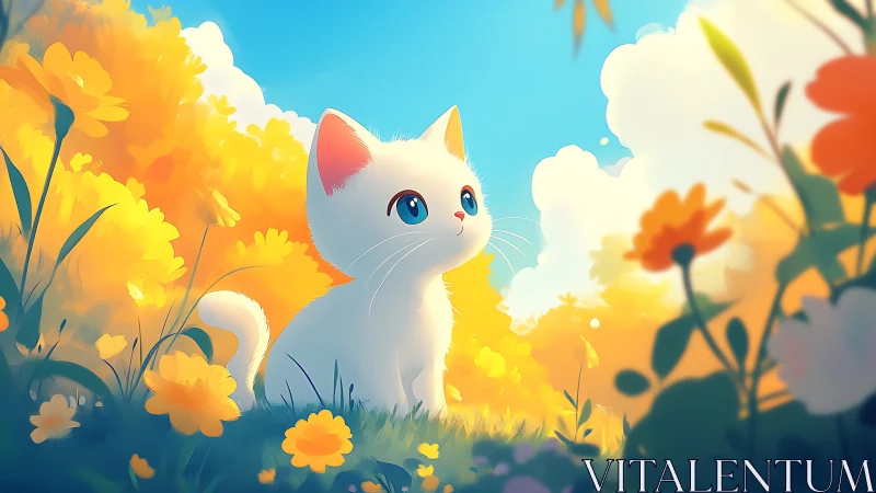 White Cat Among Sunlit Yellow Flowers Garden