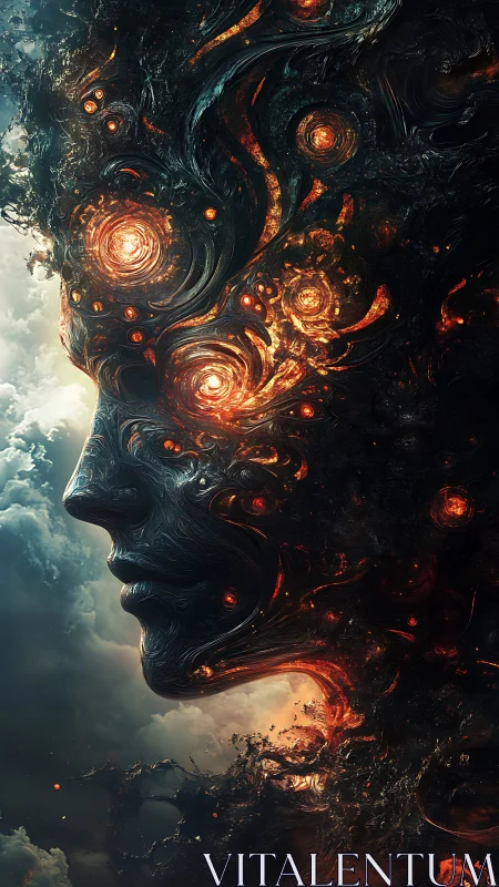 Fiery cosmic humanoid profile merges with swirling clouds