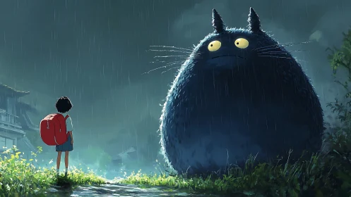 Rain-drenched forest rendezvous with colossal nocturnal spirit.