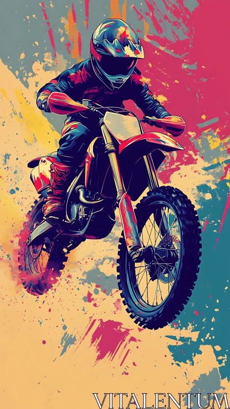 Motorcyclist performing jump amid abstract color splashes.