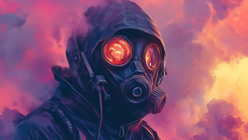 Gas mask figure in fiery goggles amid neon storm clouds.