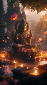 Volumetric-lit lotus shrine with meditative bronze deity figure.