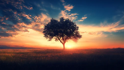 Lone tree silhouetted at sunset in a vibrant, dreamy landscape.