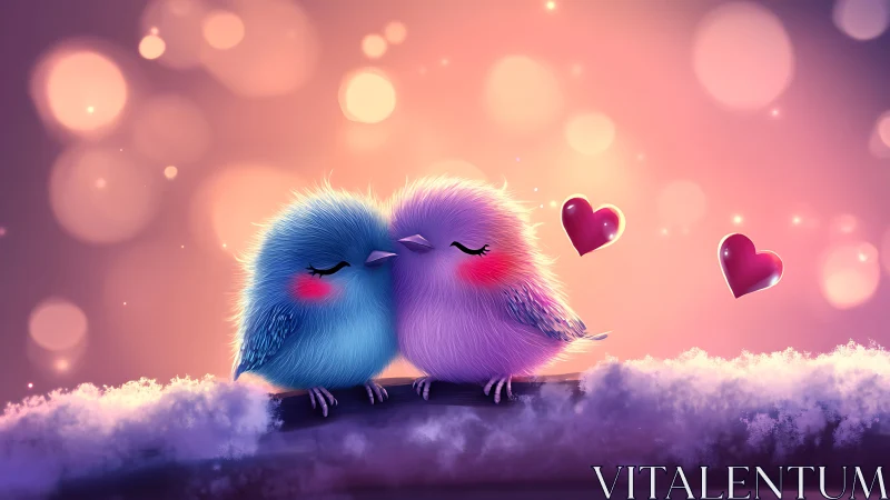 Two Affectionate Pastel Birds Nuzzling Among Luminous Hearts in Dreamlike Setting.