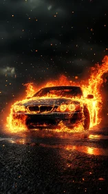 Inferno Rides: Burning Sedan Consumed by Brilliant Flames